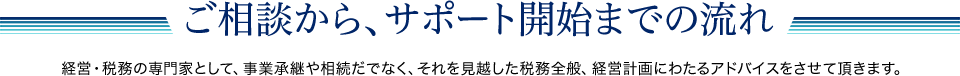 ご相談から、サポート開始までの流れ 経営・税務の専門家として、事業承継や相続だでなく、それを見越した税務全般、経営計画にわたるアドバイスをさせて頂きます。